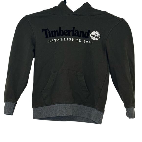 Timberland Boys Logo Sweatshirt Hoodie Size 6 Pullover Olive Green Outdoors Cozy - Picture 1 of 7
